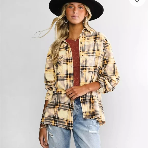 BUCKLE- La la Island Upcycled Yellow/black Flannel, Creek Ranch Wyoming Size S - Picture 2 of 12